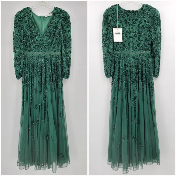 Mac Duggal Green Embellished V Neck 3/4 Sleeve A Line Gown - Picture 3 of 15